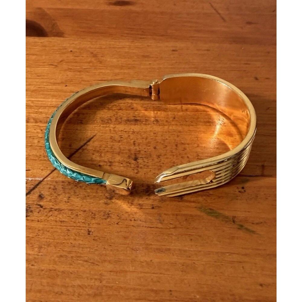 Gold Tone Hinged Cuff Bracelet with Turquoise Inlay Bohemian Statement Preowned - Picture 3 of 16